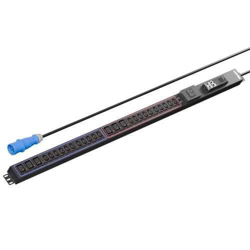 Панель распределения ONTEK PDU Metered Input ОМРВ2 вертикальная c функцией удаленного мониторинга, 32A/1ф, с мини-выключателем 16А 2шт, выход - C13 x 21 шт. / C19 x 6 шт., IEC60309 3p