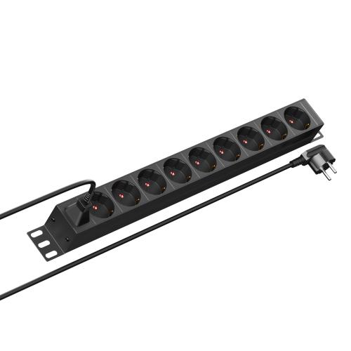 Панель распределения ONTEK PDU Basic OBPA1 горизонтальная 1U 16A/1ф, без выключателя, Вход - розетка C14, выход - schuko x 9 шт, с кабелем schuko-С13 2м